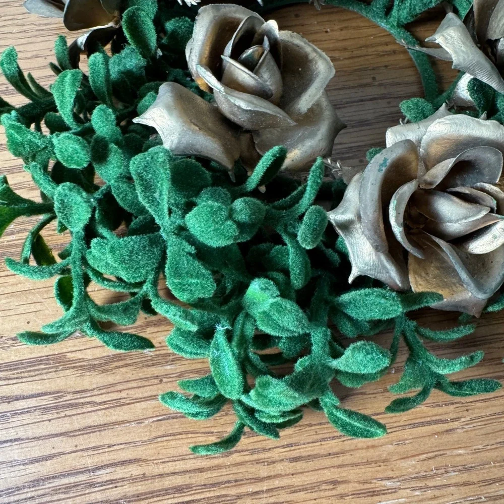 Artificial Wreath Green‎ Leaf Flocked Gold Rose Small Candle Wreath Accents